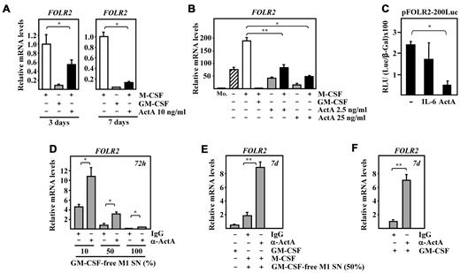 Figure 2. Activin A inhibits FRβ expression and mediates the inhibitory effect of GM-CSF or M1 macrophage–conditioned medium. (A) FOLR2 mRNA expression levels in macrophages differentiated for 3 days (left panel) or 7 days (right panel) in the presence of M-CSF, GM-CSF, or M-CSF + activin A (ActA; 10 ng/mL) determined by qRT-PCR. (B) FOLR2 mRNA expression levels determined by qRT-PCR on monocytes (Mo.) or macrophages cultured for 7 days in the presence of the indicated cytokine combinations. For panels A and B, results are expressed as mRNA levels relative to GAPDH RNA and referred to the expression level observed in the presence of M-CSF (A) or in monocytes (B). The means and SD of triplicate determinations are shown; *P < .005; **P < .05. (C) Transcriptional activity of the pFOLR2-200Luc reporter construct in Mv1Lu cells incubated in the absence (−) or presence of IL-6 or activin A (ActA; 25 μg/mL). For normalization purposes, cells were cotransfected with the Rous Sarcoma Virus promoter–β-gal expression plasmid, and results are presented as RLU (relative light units), which indicate the units of luciferase activity per unit of β-gal activity for each assay condition. The means and SD of triplicate determinations are shown; *P < .005. (D) FOLR2 mRNA expression levels determined by qRT-PCR on monocytes exposed for 72 hours to increasing concentrations of GM-CSF–free M1 macrophage–conditioned medium (GM-CSF–free M1 SN %) and in the presence of 100 ng/mL of a blocking anti–activin A antibody (α-ActA) or an isotype-matched antibody (IgG). Results are expressed as relative mRNA levels (relative to GAPDH RNA levels). The means and SD of triplicate determinations are shown; *P < .005. (E) FOLR2 mRNA expression levels determined by qRT-PCR on M1 macrophages or M2 macrophages generated in the presence of GM-CSF–free M1 macrophage–conditioned medium (50%) and with the daily addition of a blocking anti–activin A antibody (α-ActA) or an isotype-matched antibody (IgG). Results are expressed as relative mRNA levels (relative to GAPDH RNA levels). The means and SD of triplicate determinations are shown; **P < .05. (F) FOLR2 mRNA expression levels determined by qRT-PCR on M1 macrophages generated in the presence of a blocking anti–activin A antibody (α-ActA) or an isotype-matched antibody (IgG). Results are expressed as relative mRNA levels (relative to GAPDH RNA levels). The means and SD of triplicate determinations are shown; **P < .05.