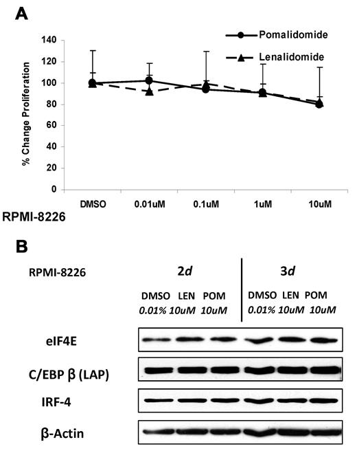 Figure 5. Protein translation is not affected in IMiD-resistant MM cells. (A) RPMI 8226 cells (3 × 104) were cultured with different concentrations of lenalidomide, pomalidomide, or DMSO as control for 2 days. DNA synthesis was measured by 3H-thymidine incorporation. Results are shown as triplicates of mean ± SD. (B) RPMI 8226 cells were cultured with lenalidomide, pomalidomide, or DMSO for 2 or 3 days. Cells were lysed, and whole cell lysates were analyzed for eIF4E, C/EBPβ, and IRF4 by Western blotting. β-actin expression was probed for a loading control.