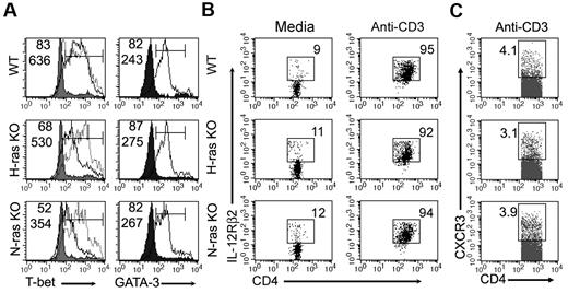 Figure 4. T-bet and GATA-3 induction in activated CD4+ T cells from Ras-deficient mice. (A) T-bet and GATA-3 expression in splenic CD4+ T cells left unstimulated (shaded curve) or stimulated with anti-CD3/CD28 antibodies for 48 hours (solid line). T-bet expression in cells stimulated in the presence of CpG-ODN is also shown (dotted line). Top and bottom values within histograms indicate the percentage and MFI, respectively, of cells in the marked region. (B) Unstimulated or anti–CD3-stimulated (48 hours) splenocytes were stained for expression of CD4 and IL-12Rβ2. (C) CXCR3 induction in splenic CD4+ T cells stimulated with anti-CD3 antibody for 72 hours. Numbers indicate percentage of cells in the gated region. Results in each panel are representative of ≥ 2 independent experiments.