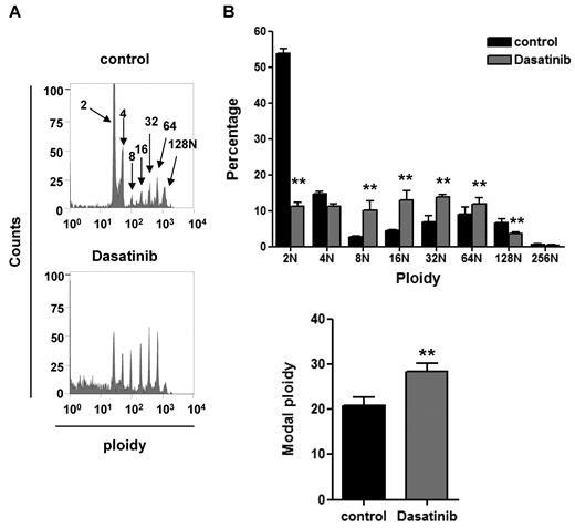Figure 5. Dasatinib increases MK ploidy in vitro. Progenitor cells isolated from murine BM were treated with 10μM dasatinib along with TPO at the beginning of the differentiation process and 24 hours later. Four days after the addition of TPO, DNA ploidy was analyzed using flow cytometry by staining purified BM-derived mature MKs with propidium iodide and anti–mouse GPIIb-FITC antibody. (A) Representative profiles and (B) quantification of the percentage of cells with differing levels of ploidy and the modal ploidy from 4 independent experiments are shown; **P < .01.