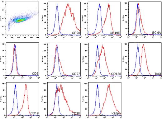 Figure 3. Immunophenotypic characterization of the MWCL-1 cell line. FITC-, allophycocyanin-, and phycoerythrin-conjugated antibodies were used for phenotyping of the MWCL-1 cell line by flow cytometry. Blue peaks represents isotype staining; and red peaks, antigen-specific staining.