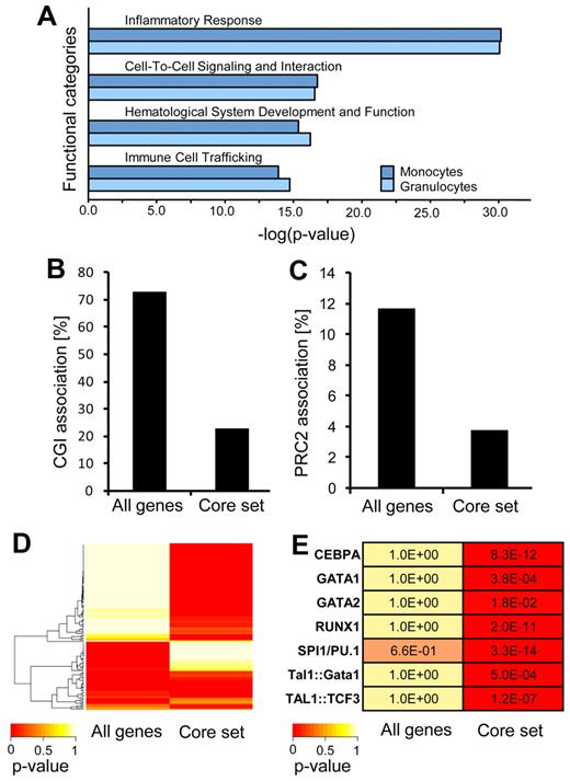 Figure 4. Mechanisms regulating differentiation-dependent demethylation. (A) Ingenuity Pathway Analysis (IPA) of markers with differentiation-dependent demethylation. (B) Percentage of genes showing differentiation-dependent methylation changes in CpG islands (CGIs). (C) Association of genes showing differentiation-dependent methylation changes with known PRC2 targets. (D) Analysis of hypomethylated promoters in differentiated myeloid cell populations for specific transcription factor binding motifs with the use of PScan and transcription factor-binding motifs from the JASPAR database (see “Methods”). A specific set of transcription factor binding shows a high probability of binding near promoters of genes derived from the hypomethylated core set. (E) Motifs of transcription factors involved in hematopoiesis are highly enriched near promoters derived from the hypomethylated core set.