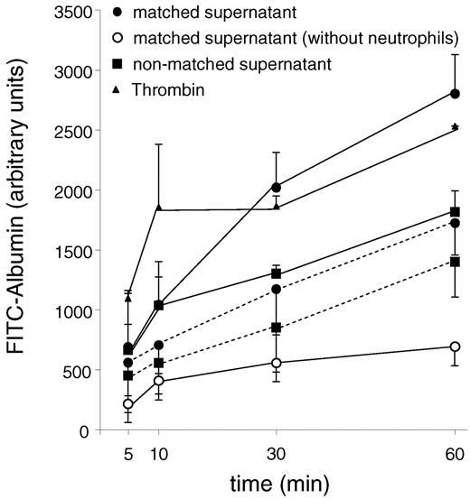 Figure 3. Neutrophils activated by monocyte supernatants disturb the barrier function of a human pulmonary microvascular endothelial cell monolayer. Human pulmonary microvascular endothelial cells were grown to confluence on a Transwell filter system. FITC-labeled albumin, neutrophils, and supernatant were added to the upper chamber. Presence of FITC-albumin in the bottom chamber was read at the indicated time points. Experiments were performed with monocyte supernatants obtained after incubation with matched or unmatched HLA class II antibodies as indicated (continuous lines). Thrombin was used as a positive control. Experiments were repeated in the presence of DPI to block NADPH oxidase activity (dashed lines). P < .01 for matched versus unmatched supernatant at 30 minutes and 60 minutes in the absence, but not in the presence, of DPI; n = 5 for each experiment. Results are given as mean values ± SDs.