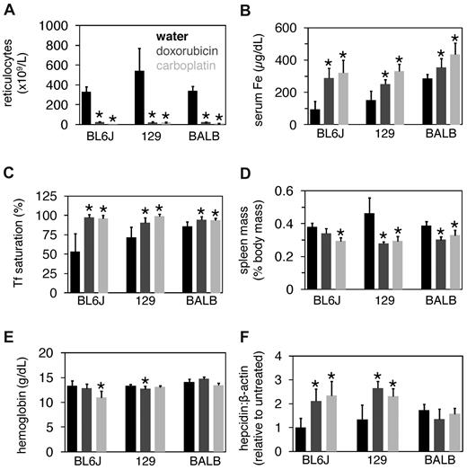 Figure 2. Doxorubicin and carboplatin treatment of wild-type mice. Eight-week-old C57BL6/J, 129/SvEvTac, and BALBc/J mice were treated with or without 0.25 mg doxorubicin or 2.5 mg carboplatin and then harvested 3 days later. Mice were analyzed for reticulocyte counts (A), serum iron (Fe) concentrations (B), Tf saturations (C), spleen masses (D), hemoglobin levels (E), and liver hepcidin levels relative to β-actin levels as measured by QPCR (F). Each value represents 5 mice. A ‘*’ above a bar indicates that the value differs significantly relative to untreated mice of the same strain (t test, P < .05).