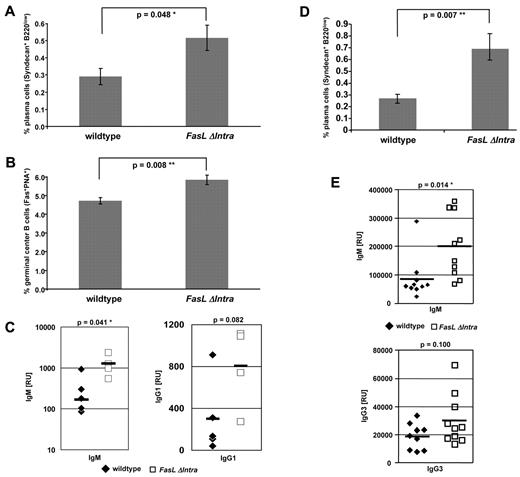 Figure 3. Signaling via the FasL ICD modulates the immune response following immunization with NP-CGG. Wild-type and FasL ΔIntra mice were immunized with 100 μg of the TD antigen NP-CGG (left panel) or with 50 μg of the TI antigen NP-Ficoll (right panel; both intraperitoneal injections) and killed 14 days (NP-CGG) or 7 days (NP-Ficoll) later. The amount of Syndecan+B220low plasma B cells (A,D) and CD95+PNA+ GCs (B) was determined by FACS analysis of splenocytes. The data represent results from 2 immunization experiments, each time with 4 (NP-CGG) or 5 (NP-Ficoll) mice per group. The columns represent mean values of the individual animals, and the bars indicate the standard error. (C,E) Titers of antigen-specific, NP17-binding IgM, IgG1 (C), or IgG3 (E) antibodies in the serum of immunized animals were determined by ELISA. Each symbol represents 1 mouse, and the vertical bar indicates the mean value per group. Immunglobulin titers in the serum of wild-type mice are represented by filled hash keys and titers in FasL ΔIntra mice by open rectangles.