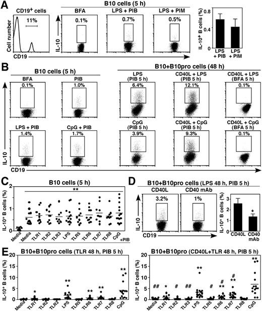 Figure 1. Enumeration of human blood IL-10-competent B10 and B10pro cells. (A) Visualizing IL-10+ B cells. Purified blood mononuclear cells were cultured with BFA, LPS plus PMA, ionomycin and BFA (PIB), or LPS plus PMA, ionomycin, and monensin (PIM) for 5 hours and stained for cell viability, cell surface CD19 expression, and cytoplasmic IL-10. Representative cytoplasmic IL-10 staining by viable, single CD19+ B cells is shown in the flow cytometry dot-plots, with percentages indicating cytoplasmic IL-10+ B-cell frequencies within the indicated gates. Blood mononuclear cells that were cultured with BFA alone before immunofluorescence staining served as negative controls, with background staining similar to that obtained using isotype-matched control mAbs. Bar graphs represent mean (± SEM) B10-cell frequencies from 3 persons. (B) Representative IL-10 production by B cells from a person with relatively high B10-cell frequencies. B10 cells were identified after in vitro stimulation for 5 hours as in panel A. Alternatively, IL-10+ B-cell frequencies were determined after in vitro B10pro cell maturation by stimulation with LPS, CD40L + LPS, CpG, or CD40L + CpG, with PIB added during the final 5 hours of 48-hour cultures. As negative controls for IL-10 staining, only BFA was added to some cultures during the final 5 hours. Percentages indicate the frequencies of cytoplasmic IL-10+ B cells within the indicated gates among total CD19+ B cells. (C) B10-cell frequencies in persons after with TLR agonist stimulation as in panels A and B. Dots represent results from single persons after 5-hour culture with BFA alone, PIB, or the indicated TLR agonist + PIB. Horizontal bars represent means. (D) CD40L induced optimal B10 + B10pro cell maturation during 48 hours in vitro cultures with either recombinant CD40L or CD40 mAb, plus LPS for 48 hours, with PIB added during the final 5 hours. Bar graphs represent means (± SEM) from 5 persons. Similar results were obtained in 2 independent experiments. (E) Representative B10 + B10pro-cell frequencies after in vitro maturation and stimulation. Blood mononuclear cells were cultured for 48 hours with media alone or media containing CD40L, along with the indicated TLR agonists, with PIB added during the last 5 hours of culture. Significant differences between cultures with or without CD40L are indicated: #P < .05; ##P < .01. (C-E) Significant differences between means of controls and individual stimuli are indicated: *P < .05; **P < .01.