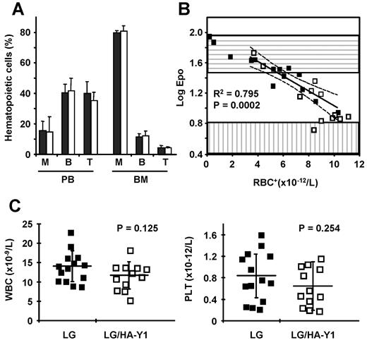 Figure 6. BM homeostasis is maintained 10 months after transplantation. (A) Proportion of myeloid (M), B-lymphoid (B), and T-lymphoid (T) cells among CD45.2-positive leukocytes in peripheral blood (PB) and bone marrow (BM) of LG (filled bars) and LG/HA-Y1 (open bars) mice. (B) Logarithm of plasma Epo with human corrected RBC (RBC+). The regression line and 95% confidence intervals (dashed lines) were obtained from LG mice having a proportion of RBC+ greater than 40%. The bottom and top boundaries of the horizontally and vertically hatched boxes indicate mean ± SD of values from β-thalassemic and normal C57BL/6J mice, respectively. (C) Mean ± SD and individual leukocyte and platelet numbers in peripheral blood of LG (■) and LG/HA-Y1 (□) mice.