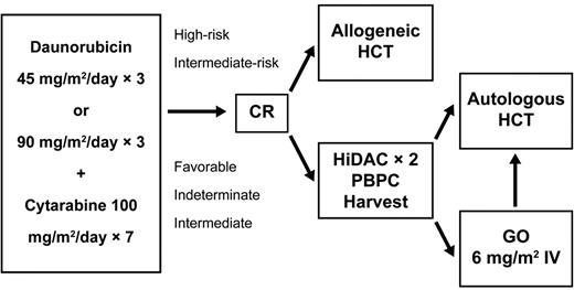 Figure 1. Schema of ECOG trial E1900. Patients in remission after induction therapy were allocated based on risk factors (as defined in “Treatment”). The autologous consolidation randomization to gemtuzumab ozogamicin was closed in October 2007. Eligibility requirements for autologous HCT are given in “Treatment.” HiDAC indicates high-dose cytarabine.