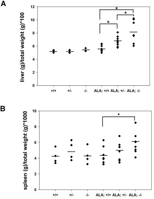 Figure 6. Hepatotoxicity in livers of hepatocyte-deleted Mfrn1 animals fed ALA. ALA was added to the drinking water of mice of the noted genotypes (Mfrn1+/+, Mfrn1flox/+, and Alb-Cre;Mfrn1flox/−). Four weeks later, the ALA-fed mice and control mice were killed and liver weight/body weight (A) and spleen weight/body weight (B) were determined. *P < .05.
