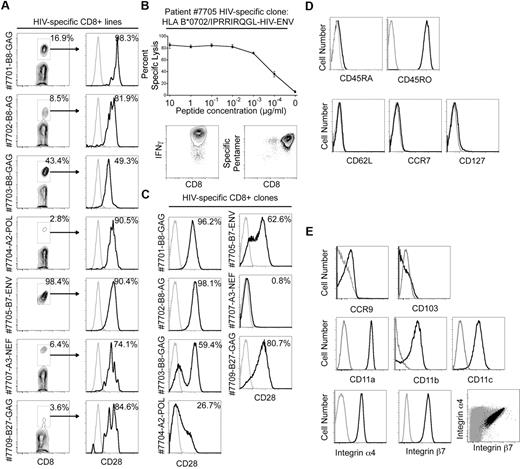 Figure 1. Phenotypic and functional characterization of HIV-specific CD8+ T-cell lines and clones isolated and expanded for infusion. (A) Percentages of HIV-specific CD8+ T cells in each cell line (left column) from which each infused clone was ultimately derived. Specific pentamer binding (y-axis) and CD8 (x-axis) are shown. Expression of CD28 (right column) on gated HIV-specific pentamer+CD8+ T cells (bold line) compared with isotype control (gray line). Inset values represent percentages of CD28+CD8+ T cells. (B) Data for patient 7705 is shown (HLA B*0702/IPRRIRQGL-HIV-ENV) and is representative of HIV-specific CD8+ T-cell clones used for adoptive transfer. Lytic activity (top panel) of the HIV-specific CD8+ T-cell clone to autologous B-LCL pulsed with decreasing concentrations of peptide, IFNγ secretion (bottom left panel), and binding to the corresponding MHC-peptide pentamer (bottom right panel) is shown. (C) Expression of CD28 on clonal HIV-specific CD8+ T cells infused (bold line) for each patient compared with isotype control (gray line). Inset values represent percentages of CD28+CD8+ T cells. (D) Expression of CD45RA, CD45RO, CD62L, CCR7, and CD127 (bold line) compared with isotype control (gray line) on a representative CD8+ T-cell clone used for infusion (7705). (E) Expression of CD103, CCR9, CD11a, CD11b, CD11c, integrin α4 and integrin β7 (bold line) compared with isotype control (gray line). The bottom right panel shows coexpression of integrin α4 and integrin β7 on the clone (black dots) compared with PBMC (gray dots).