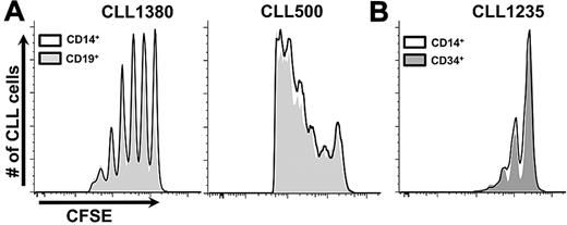 Figure 4. Coinfusion of mature CD14+ or CD19+ cells and CLL cells obviate necessity for preconditioning with hCD34+ cells. (A) Two examples shown (7 CLL samples, in 37 mice with at least 10 per group). See “Cotransfer of mature allogenic APCs supports CLL proliferation” for experimental details. (B) CLL 1235 as an example of preconditioning with hCD34+ cells or CD14+ cells from the same CB sample equally supporting CLL growth (3 CLL samples, minimum 6 mice per group).