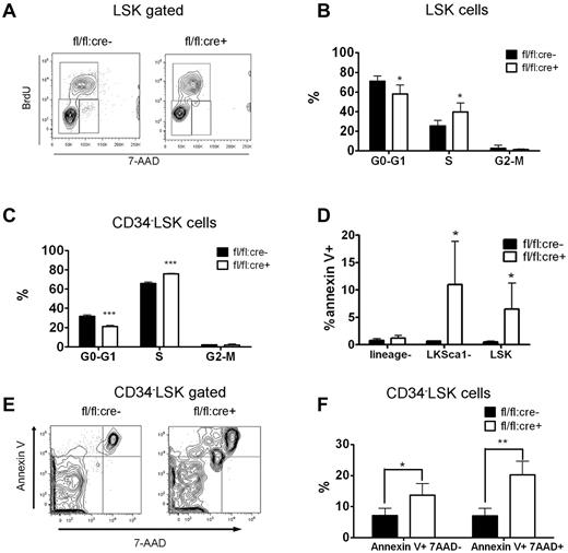 Figure 5. Disturbed quiescence and increased apoptosis for LSK cells derived from Shp2Δ/Δ BM. (A) Representative FACS plots illustrate BrdU/7-aminoactinomycin D (7-AAD) staining in LSK cells. (B) Quantification of S-phase or G0/G1-phase cell percentage in LSK subpopulation indicating more actively proliferating LSK cells in Shp2Δ/Δ animals. Results were obtained from 3 independent experiments. (C) Quantification of G0-G1, S, and G2-M phase cell percentage in 34−LSK subpopulation. (D) lin−ckit+Sca1− and LSK cell but not lin− population contained more Annexin V+ cells. (E, F) Elevated Annexin V+ 7-AAD− and Annexin V+ 7-AAD+ percentage in Shp2Δ/Δ 34−LSK cells (n = 4). ***P < .001, **P < .01,*P < .05, error bars are SD; see also supplemental Figure 3.