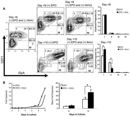 Figure 3. NmU enhances primary erythroid progenitor expansion. Primary human CD34+ cells from cord blood were cultured under erythroid-inducing conditions in the absence and presence of NmU peptide. (A) At days 6, 8, and 10 in culture, cells were stained for CD71 and GlyA expression, detected by flow cytometry, and analyzed by FlowJo software Version 4.5.8. Maturation-specific erythroid gates were drawn in accordance with flow cytometry models of human erythroid development.27 High expression of CD71 and moderate expression of GlyA are observed in the earliest erythroblasts (group I). As the cells mature, GlyA expression increases whereas CD71 expression declines (groups II-IV). Shown are the results from a representative flow cytometry experiment from 3 independent determinations. The plots to the right of flow cytometry experiments completed on days 8 and 10 compare the average percentage of cells in groups I through IV in the presence of EPO or EPO and NmU peptide. *P < .05. (B) CD34+ cells from cord blood cultured in the presence of IL-3, IL-6, and SCF; EPO without and with NmU was added on day 6 of culture. The cell number is presented as fold expansion relative to the CD34+ cell number on day 0. A representative fold expansion dot plot is shown from 3 independent experiments. The mean fold expansion at days 8 and 10 are shown as a bar graph. *P < .05.