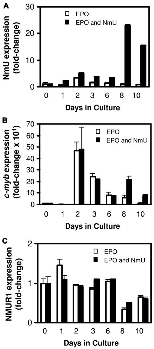 Figure 5. NmU and c-myb have similar expression profiles in primary CD34+ cells undergoing in vitro erythroid differentiation. CD34+ cells from cord blood were cultured in the presence of IL-3, IL-6, and SCF. At day 6, EPO was added to the cultures without and with NmU. RNA was isolated from the cells at 0, 1, 2, 3, 6, 8, and 10 days in culture and reverse transcribed to yield cDNA, which was used with gene-specific primers to amplify (A) NmU, (B) c-myb, or (C) NMUR1 and normalized to 18S. The quantitative real-time PCR data are the mean of triplicate determinations and representative of 2 independent experiments.