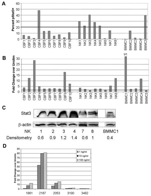 Figure 2. Stat3 phosphorylation is constitutive and inducible in primary pediatric AML samples and correlates with survival. (A) Primary AML samples from the COG AML Reference Laboratory were analyzed by FACS for pStat3. The percentage of pStat3+ events in the unstimulated condition is shown. Samples with more than or equal to 20% of pStat3+ cells were considered to have constitutive Stat3 activation. BMMCs are from normal donors. (B) The fold change in the percentage of pStat3+ cells after stimulation with 100 ng/mL G-CSF, compared with the unstimulated cells, is shown for the 18 primary AML samples from COG and the 5 normal control samples. (C) Total Stat3 protein levels for the NK samples and selected normal BMMC samples were measured by Western blot. The band density for each Stat3 band (including Stat3α/β doublets) was normalized to the corresponding β-actin band density. This value was then divided by the normalized density for a KG-1 sample run on the same gel (not shown) to adjust for differences in exposures between gels. The adjusted densitometry values for each band are shown at the bottom. The figure was compiled from nonadjacent lanes and/or separate gels, with the exception of lanes 1 and 2 (samples NK1 and NK2), which were adjacent on the same gel. (D) The fold change for cells stimulated with G-CSF at the indicated doses, compared with unstimulated cells, is shown for 5 primary AML samples obtained from the Texas Children's Cancer Center.