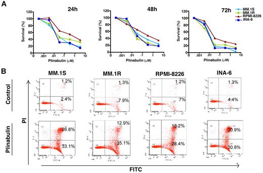 Figure 1. Plinabulin inhibits growth and triggers apoptosis in MM. (A) Human MM cell lines MM.1S, MM.1R, RPMI-8226, and INA-6 were treated with plinabulin (dose range, 0.001-10μM) for 24, 48, and 72 hours; cell viability was measured with MTT assays. Data presented are mean ± SD of 3 independent experiments (P < .05 for all the cell lines at different time points). (B) MM.1S, MM.1R, RPMI-8226, and INA-6 cell lines were treated with plinabulin (8nM) for 48 hours, and apoptosis was measured with Annexin V/PI binding assay by flow cytometry (P < .05; n = 3). A representative graph from 3 independent experiments is shown. Right quadrant: top panel, Annexin V+/PI+ cells; bottom panel, Annexin V+.