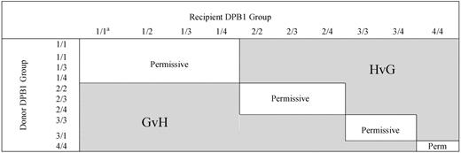 Algorithm for permissiveness of HLA-DPB1 mismatches in donor-recipients pairs.2 Permissive and nonpermissive HLA-DPB1 disparity according to the algorithm described by Crocchiolo et al. aNumbers indicate the group of the 2 HLA-DPB1 alleles of the donor or the recipient. Group 1: DPB1*09:01,10:01,17:01; group 2: DPB1*03:01, 14:01, 45:01; group 3: DPB1*02:01, 0202, 0203; group 4: others.3 Immunogenicity decreases from group 1 to group 4.
