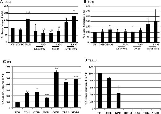 Figure 5. TLR2 ligand increases GP1b and CD41 gene and protein expression, and expression is dependent on TLR2. (A-B) Meg-01 cells were pretreated for 45 minutes with 50μM LY294002, U0126, BAY11-7082, or DMSO, and then treated for 3 hours with 1 μg/mL of Pam3CSK4 (PAM). Gene expression was compared with NT. **P < .01 and ***P < .001 compared with NT (n = 13 in panel A and n = 10 in panel B). WT (C) and TLR2−/− (D) mouse bone marrow was cultured with 50 ng/mL of mTPO for 4 days, and then treated with 1 μg/mL of Pam3CSK4 (PAM) for 3 hours. Megakaryocytes were isolated by magnetic bead separation, and gene expression was measured for CD41, GP1b, MCP-1, COX2, TLR2, and NFκB1, all compared with NT (n = 3). *P < .05, **P < .01, and ***P < .001 compared with NT.