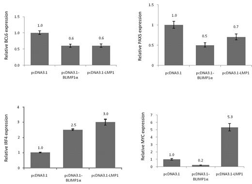 Figure 3. Differential regulation of BLIMP1α target genes by LMP-1 in GC B cells. Quantitative RT-PCR was used to measure the relative quantity of BCL6, PAX5, IRF4, and MYC mRNA in LMP-1-expressing GC B cells or BLIMP1α-expressing GC B cells presented as 2−ΔΔ CT values compared with vector only-transfected GC B cells. The expression of BCL6 and PAX5 was down-regulated, and that of IRF4 up-regulated by both LMP-1 and BLIMP1α. In contrast, whereas MYC was down-regulated by BLIMP1α, it was up-regulated by LMP-1.