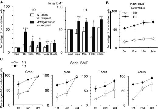 Figure 4. Competitive growth advantage of ΔHmga2 BM cells. Chimerism in peripheral blood of lethally irradiated recipient mice (glucose phosphate isomerasea RBCs or CD45.1+ WBCs) after BMT with mixtures of BM cells from donors (WT mice or ΔHmga2 mice with glucose phosphate isomeraseb RBCs and CD45.2+ WBCs) and BM cells from mice with same allotype as recipients at the ratio of 1:1 or 1:9. (A) Donor chimerism in peripheral blood 12 weeks after BMT in primary BMT recipients. (B) Long-term peripheral blood chimerism in primary BMT recipients transplanted with BM cell mixtures consisted of ΔHmga2 donor cells and recipient-allotype cells at the ratios of 1:9 and 1:1 (n = 4-5 in each experiment). (C) Analysis of peripheral blood chimerism in primary, secondary, and tertiary transplantation recipients showed a continuous increase of proportions of ΔHmga2 blood cells in peripheral granulocytes monocytes, T cells, and B cells (n = 4-5 in each experiment). Gran. indicates granulocytes; and Mon., monocytes. *P < .05, **P < .01, ***P < .001.