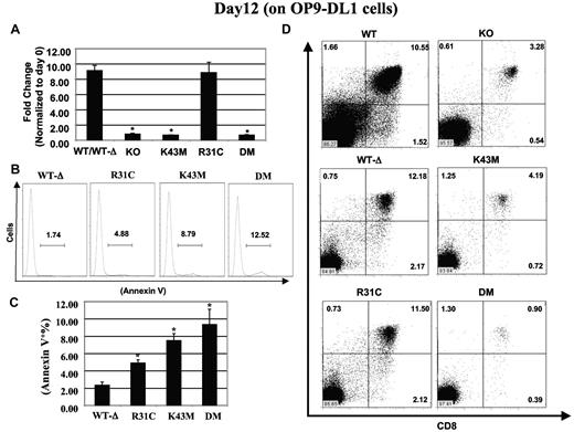 Figure 5. CDK6/kinase activity is required for Notch-dependent proliferation, survival, and differentiation. (A) Proliferation: the fold change in cell expansion was calculated based on the ratio of cocultured cells at day 12 to total c-Kit+Lin− cell number plated at day 0, which were arbitrarily defined as 1 unit. Data are mean ± SE (N = 5). *P < .05, significantly different from the control. (B) Apoptosis profiles after annexin V staining. (C) The percentage of cells stained with annexin V. Data are mean ± SE (N = 5). *P < .05, significantly different from the WT-Δ control. (D) Differentiation of stem cells into T cells. Flow cytometric profiles of thymocytes from day 12 cultures stained with CD4 and CD8 antibodies. The percentage of cells in each quadrant is shown.