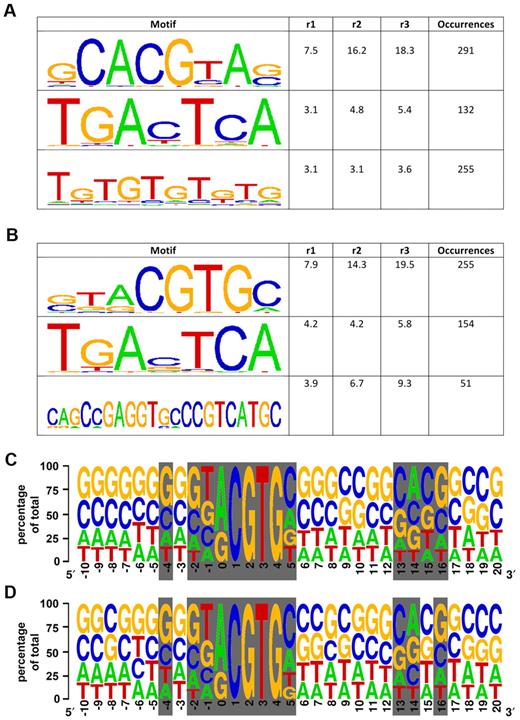 Figure 4. Characterization of the HIF-binding motif. (A-B) HIF-1- and HIF-2-binding regions were examined for commonly occurring novel motifs using the Gibbs Motif Sampler module of CisGenome. Enrichment of motifs identified in this way was then examined by determining the relative occurrence of each motif in HIF-binding regions compared with a control set of regions (r1), of phylogenetically conserved motifs within phylogenetically conserved portions of HIF-binding regions compared with control regions (r2), and of phylogenetically conserved motifs within all portions of the HIF-1 binding and control regions (r3). The sequence logos40 for motifs with all 3 enrichment ratios greater than 2 are shown. The height of each letter is proportionate to its frequency, with the most frequent at the top. The height of each stack is then adjusted to signify the information content of the sequences at that position (measured in bits). (C) HIF-1 and (D) HIF-2-binding sites containing a single RCGTG motif were analyzed for sequence conservation beyond this core motif. Sequences were extended for 100 bp upstream and downstream of the RCGTG motif and aligned. At each position, the observed base frequency was compared with the expected using a χ2 test. The relative occurrence of each nucleotide at each position is indicated as a percentage of the total by the letter height. Positions showing nonrandom base frequency (P < .01 after Bonferroni correction) are highlighted in gray.