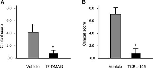Figure 1. Early administration of Hsp90 inhibitors suppresses type VII collagen–induced development of EBA clinical phenotype. (A) Vehicle or 17-DMAG (30 mg/kg) was administered 1 day before and 1 day after immunization of SJL mice with 60 μg of GST-mCVIIC. (B) Vehicle or TCBL-145 (3 mg/kg) was given daily for 14 days starting 1 day before immunization. Data are presented as the average clinical scores defined as the percentage of body surface area affected by skin lesions 6 weeks after immunization. Values are means ± SEM of ≥ 6 mice per group. *P < .05.