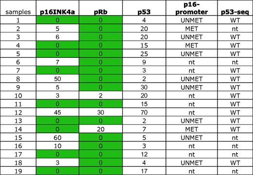 Expression of p16INK4a, p53, and pRb in 19 tumor specimens from ALCL ALK+ patients by immunohistochemical analysis with specific antibodies