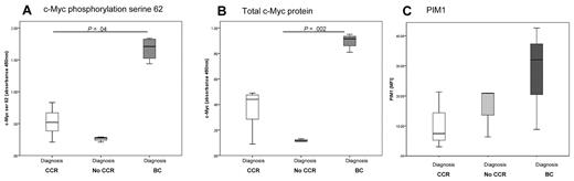 Figure 4. Assessing PP2A function. c-Myc is elevated at diagnosis in patients destined to progress into BC. Levels of c-Myc phosphorylation on serine 62 (A) and total c-Myc protein levels (B). Stratification by clinical outcome and abbreviations as for the previous figures. CCR, n = 10; No-CCR, n = 5; and BC, n = 5. (C) PIM1 is higher in the CD34+ cells from patients who will later progress into BC, confirming that PP2A function is inhibited. CCR, n = 3; No-CCR, n = 3; and BC, n = 3.