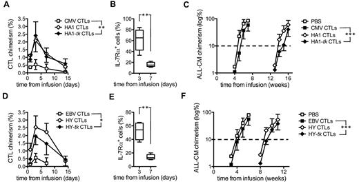 Figure 5. In vivo persistence and antileukemia efficacy of mH antigen-specific tk+ CTLs in NOD/scid mice. (A) At different time points (x-axis) after ALL-CM leukemia inoculum and later infusion of unmodified CMV-specific CTLs (CMV CTLs, ■), unmodified (HA1 CTLs, ◊), or tk+ HA-1–specific CTLs generated from the HA1-tk #1 donor, cytotoxic T lymphocyte chimerism (y-axis, see “In vivo evaluation of the antileukemia efficacy of human mH antigen-specific CTLs”) was evaluated in the peripheral blood of individual NOD/scid mice by flow cytometry. Control mice were infused with PBS (□). Means ± SD of the data from n = 5 mice/group and results from an unpaired Mann-Whitney U test statistical analysis are shown (**P < .01 for cytotoxic T lymphocyte chimerism at day 3). (B) At days 3 and 7 after infusion, the percentage of circulating tk+ HA-1–specific CTLs expressing IL-7Rα (y-axis) was evaluated by flow cytometry. (C) At different time points (x-axis), mice were also individually monitored for ALL-CM chimerism (y-axis). Mean log percentages of circulating leukemic cells from n = 5 mice/group ± SD (y-axis) are shown (***P < .005). (D-F) Cytotoxic T lymphocyte chimerism, IL-7Rα expression, and ALL-CM chimerism were also monitored in mice inoculated with leukemia and later infused with unmodified EBV-specific CTLs (EBV CTLs, ■), unmodified (HY CTLs, ◊), or tk+ HY-specific CTLs generated from the HY-tk #1 donor (*P < .05 for cytotoxic T lymphocyte chimerism at day 3; **P < .01; ***P < .005).