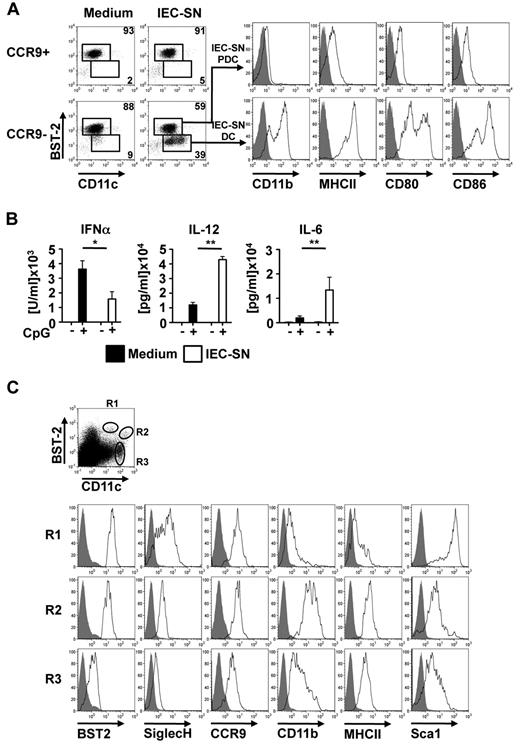 Figure 3. Generation of CD11b+ MHCIIhigh CDC-like cells from CCR9− MHCIIlow PDCs. CCR9+ and CCR9− PDC populations were sorted from primary BM cells, incubated with medium or IEC-SN for 48 hours, and stained for FACS analysis. Surface expression of BST2 versus CD11c is shown in the dot plots. Expression levels of CD11b, MHC class II, CD80, and CD86 in BST2high IEC-SN PDCs and BST2low IEC-SN DCs generated from CCR9− BM PDCs after treatment with IEC-SN are shown in the histograms (A, filled histograms: FMO control, results of one representative of 5 experiments). CCR9+ and CCR9− PDCs were incubated with medium or 50% IEC-SN. After 24 hours, CpG 2216 (0.5μM) was added and cytokine concentrations were measured in the supernatants by ELISA after further 24 hours (B, mean ± SD, n = 3). Cells were isolated from Peyer patches digested with DNase/collagenase and subsequently analyzed by FACS for surface expression of the depicted markers. Dot blots show expression of BST2 and CD11c in propidium iodide-negative cells. Expression of the indicated markers in BST2high CD11c+ (R1), BST2low CD11chigh (R2) and CD11chigh (R3) is shown below (C, filled histograms: FMO control). *P < .05. **P < .01.