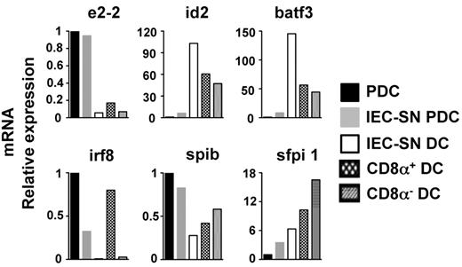 Figure 6. Transcription factor expression pattern in CD11b+ MHCIIhigh CDC-like cells generated from CCR9− PDCs. CCR9+ and CCR9− PDCs sorted from primary BM cells were incubated with medium alone or 50% IEC-SN for 48 hours. Relative mRNA expression of transcription factors was measured by quantitative RT-PCR in sorted BST2low IEC-SN DCs and BST2high IEC-SN PDCs generated from CCR9− PDCs cultured with IEC-SN as well as in sorted BST2high PDCs generated from CCR9+ PDCs cultured with medium alone. The expression patterns of transcription factors in splenic CD8α+ and CD8α− DCs are shown for comparison. Results of one representative of 2 experiments are shown.