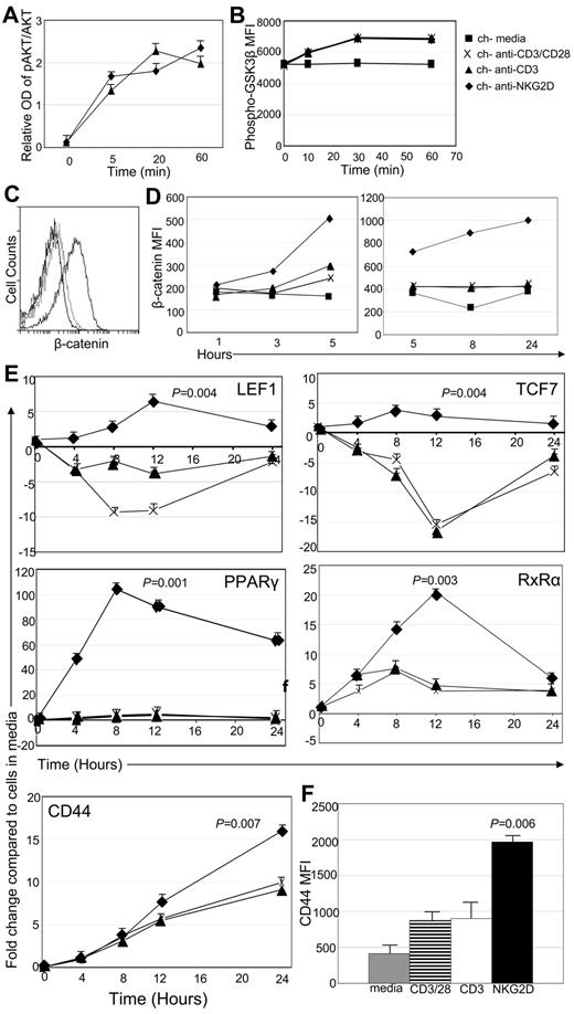 Figure 1. Signaling through the chNKG2D receptor activates AKT and β-catenin. (A) chNKG2D T cells were stimulated with anti-CD3 or anti-NKG2D Ab-coated beads. Phosphorylated and total AKT were measured with In-Cell ELISA. Data are shown as mean ± SD from 1 donor and are representative of data from 2 donors. (B) Phosphorylated (Ser9) GSK3β expression in chNKG2D T cells after stimulation with media, anti-CD3/CD28–, anti-CD3–, or anti-NKG2D–coated beads. Data shown were obtained from 1 donor and are representative of data from 5 donors. (C) Representative histogram of chNKG2D T cells stained with Abs specific for β-catenin 24 hours after stimulation with media (black), anti-CD3–coated (light gray), or anti-NKG2D–coated (dark gray) beads. (D) β-Catenin expression in chNKG2D T cells after stimulation with media, anti-CD3/CD28–, anti-CD3–, or anti-NKG2D–coated beads. Data shown were obtained from 1 donor and are representative of data from ≥ 6 donors. (E) chNKG2D T cells were stimulated with beads coated with anti-CD3/CD28, anti-CD3, or anti-NKG2D Abs, and gene expression was determined by RT-PCR. Data are shown as the fold change in expression compared with T cells cultured in media at each time point. Data are shown as mean ± SD from 1 donor and are representative of data from ≥ 3 donors. (F) chNKG2D T cells were stimulated with media, anti-CD3/CD28–, anti-CD3–, or anti-NKG2D–coated beads. After 24 hours, CD44 cell surface expression was determined by FACS. Data are shown as an average ± SD of 4 donors. Stimulating chNKG2D T cells with anti-NKG2D–coated beads significantly increased expression of β-catenin–induced genes compared with stimulating T cells through CD3 or CD3/CD28.