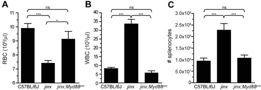 Figure 1. Lack of anemia and leukocyte hyperproliferation in wild-type and Unc13djinx/jinx;Myd88poc/poc mice after infection. Blood samples and spleens were collected from control and double mutant mice at day 12 after LCMV infection. Circulating red blood cells (A) and white blood cells (B) and total splenocytes (C) were enumerated. jinx, Unc13djinx/jinx mice; jinx;Myd88poc, Unc13djinx/jinx;Myd88poc/poc mice. Representative data of 3 independent experiments are shown; n = 5 per group. Error bars show SEM.