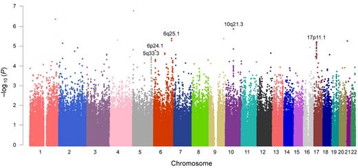 Figure 2. Manhattan plot of genome-wide association results. P values are from the Cochran-Armitage trend test. For further validation, we selected genomic regions in which more than 5 SNPs with P < .001 within 1 Mb were observed and the minimum P value was less than 5.0 × 10−5. The 5 selected genomic loci are shown in this figure.