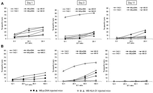 Figure 3. HLA-G1 influences cytotoxicity against tumor cells. (A-B) Balb/c mice were injected subcutaneously with M8-pDNA or M8-HLA-G1 tumor cells at day 0. A classic 4-hour 51Cr-release cytotoxic assay was conducted with NK cells purified from spleens (A) or with total splenocytes (B) as effectors, and YAC-1, M8-pcDNA, or M8-HLA-G1 cells as targets. Results are expressed as the mean percentage lysis from duplicates. Standard deviations were below 5%. Data are from 1 representative experiment of 3.