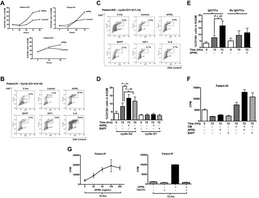 Figure 3. Cell-cycle response of primary MM cells to APRIL and BAFF. (A) Freshly purified CD138+ MM cells were incubated in 20% MM patient plasma (CM) with or without APRIL (200 ng/mL) and analyzed for cell-cycle response as for Figure 1. Results are percentage of CD138+ cells in S/G2M. Three representative cases showing time course of APRIL-induced cell-cycle progression of CD138+ MM cells in the presence of CM. Cases 1 and 13 harbor the t(14;16) translocation, whereas case 12 expressed cyclin D2 in the absence of an IgH translocation (control indicates CM alone; APRIL, CM + APRIL, all 3 cases with circulating plasma cells). (B-C) Representative examples of cell-cycle responses to cytokines in primary MM cells, incubated in CM alone (control) or with APRIL, BAFF (both 200 ng/mL), IGF-1 (500 ng/mL), or IL-6 (100 ng/mL). FACS plots show the S/G2M fraction of CD138+ cells after 72 hours of culture in CM with or without growth factors compared with freshly isolated cells (0 hours). (B) Cyclin D2–expressing case with t(14;16) (case 1, Table 1). (C) Cyclin D1–expressing case with t(11;14) (case 20, Table 1). (D) Effect of APRIL (200 ng/mL) or BAFF (200 ng/mL) on cell-cycle progression of CD138+ MM cells cultured in CM. Results are mean ± SEM (percentage of CD138+ cells in S/G2M). Fourteen patients expressed cyclin D1 (cases 16-29, Table 1) and 12 patients expressed cyclin D2 (cases 1-12, 7 with circulating plasma cells, Table 1). The proliferative fraction at the time of isolation (0 hours) is shown for comparison. (E) The cell-cycle response to APRIL in cyclin D2–expressing CD138+ cells harboring IgH translocations (n = 8, 5 with circulating plasma cells) compared with cells without IgH translocations (n = 7, 3 with circulating plasma cells; cases 1-15, Table 1), Data are mean ± SEM. (F) CD138-selected cells from patient 3 (expressing cyclin D2 with t(14;16) and with circulating plasma cells) were cultured in RPMI with (CM+) or without plasma (CM−) alone or with APRIL or BAFF (as indicated) for 72 hours and pulsed with 3H-thymidine for the last 2 hours. 0 Hrs indicates pulsed with 3H-thymidine for 2 hours immediately after selection. One representative case: Data are mean ± SD of triplicates. (G) Left panel: Dose-response to APRIL in one representative patient. CD138+ purified cells (patient 7) were cultured with increasing concentrations of APRIL for 72 hours and pulsed with 3H-thymidine for the last 2 hours. Data are mean ± SD of triplicates. Right panel: TACI-Fc blocks APRIL-induced proliferation. TACI-Fc (10 μg/mL) was added to CD138-selected MM cells before culture for 72 hours, and DNA synthesis assessed in panel F. Data are mean ± SD of triplicates (patient 7).
