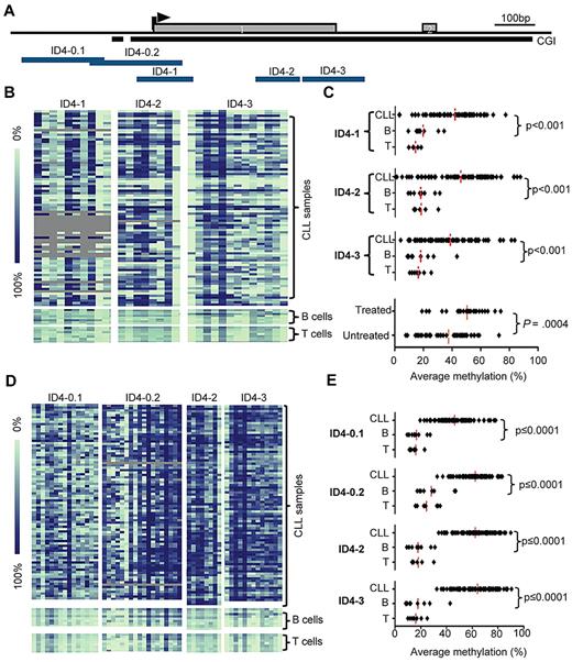 Figure 1. Methylation of ID4 promoter-associated CpG island in CLL patients. (A) Schematic representation of the ID4 gene showing the location of the CpG island (CGI; black bar) and the amplicons used for MassARRAY based methylation analysis (ID4-0.1, 0.2, 1, 2, and 3; blue bars). The arrowhead indicates the predicted transcription start site. (B) Graphical display of quantitative DNA methylation data on amplicons ID4-1, 2, and 3. Each square represents a CpG unit, and each row represents a sample. Gray indicates unavailable data. Color coding for DNA methylation levels is explained by the bar on the left. Samples included 85 CLL PBMC samples obtained from patients seen at OSU; normal control patients were 9 sorted CD19+ B-cell samples and 8 CD3+ T-cell samples from healthy donors. (C) Plot of average percentage methylation over amplicons ID4-1, 2, and 3, in OSU CLL sample set and controls (normal B and T cells), and further separated by treatment status. P values were based on Mann-Whitney U tests. (D) Graphical display of DNA methylation in amplicons ID4-0.1, 0.2, 2, and 3. Included are 82 PBMC pretreatment samples from CLL patients enrolled on CALGB 9712, and same controls used for Figure 1B. (E) Plot of average percentage methylation over amplicons ID4-0.1, 0.2, 2, and 3, in CLL and controls (normal B and T cells) samples. P values were determined on the basis of Mann-Whitney U tests.