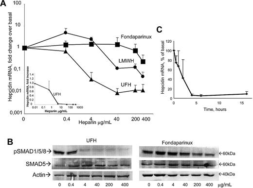 Figure 1. Effect of heparin on hepcidin expression and BMP signaling in HepG2 cells. (A) The cells were grown for 16 hours in the absence of exogenous BMPs with the indicated concentrations of heparin: UFH, LMWH, and fondaparinux pentasaccharide, and the hepcidin mRNA levels were quantified by real-time RT-PCR in relationship to HPRT1 mRNA. The data are expressed in a logarithmic scale; the inset shows the inhibition plot of UFH in a linear scale. Data are means and SD of 3 independent experiments in triplicate. (B) Western blotting of phosphorylated SMAD1/5/8, total SMAD5, and of β-actin as calibrator of the cell extracts after the incubation with UFH and with fondaparinux. Data are from 2 independent experiments in triplicate. (C) Cells were incubated for the indicated time with 200 μg/mL LMWH, and the level of hepcidin mRNA were quantified by real-time RT-PCR. Data are representative of 4 independent experiments.