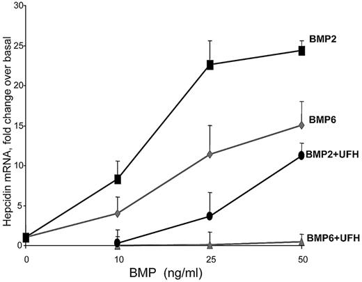 Figure 4. Heparin and BMP2 or BMP6. HepG2 cells were grown for 16 hours in the indicated concentrations of BMP2 or BMP6 in the presence or the absence of UFH 4 μg/mL, and then hepcidin mRNA was evaluated.