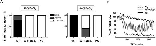 Figure 4. FeCl3-induced thrombosis in the carotid artery. (A) Percentage of mice showing stable, unstable, or no thrombi in response to exposure of the carotid artery to 10% FeCl3 for 4 minutes (left) or 40% FeCl3 for 2.5 minutes (right). n = 5 for all of the indicated study groups. (B) Flow traces recorded after exposure of the carotid artery of a WT (WT, black line), WT + clopidogrel (WT + clop., gray line), or CalDAG-GEFl−/− mouse (KO, dotted black line) to 40% FeCl3 for 2.5 minutes. Note the repeated changes in blood flow in the clopidogrel-treated WT mouse, indicative of the generation of near-occlusive thrombi followed by embolization.