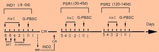Trial design for Guo et al.1 Ara-C indicates cytarabine; MIT, mitoxantrone; IND, induction; and PSR, postremission treatment.