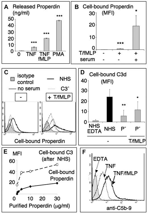 Figure 4. Properdin is secreted by cytokine-activated neutrophils, binds to cells, and promotes the formation of C3/C5 convertases. PMNs were activated as in Figure 2A without the addition of plasma. (A) Supernatants were collected and centrifuged twice at 400g to remove all intact cells. The presence of properdin in these supernatants was measured using a specific enzyme-linked immunosorbent assay described in “Properdin ELISA.” Results are mean properdin concentration plus or minus SD of triplicates from 3 different experiments. (B) Neutrophils, activated as in Figure 2A, without or with incubation with serum one-third, were washed and labeled with a specific antiproperdin mAb. Results are mean plus or minus SD of MFI (n = 4). (C) Cells preactivated or not with TNF/fMLP, as in Figure 2, were incubated in HBSS (no serum, thin line) or in one-third diluted normal (NHS, dark line) or C3-depleted (C3−, dotted line) serum. Cell bound properdin was measured by flow cytometry as in panel B with an antiproperdin mAb, compared with an isotype control (gray peak). Representative experiment from 3 similar ones. (D) TNF/fMLP activated PMNs were incubated with AB-serum (NHS) one-third, with or without 10mM EDTA, or with one-third properdin-depleted serum (P−). They were then labeled with anti-C3d mAb. Results are mean plus or minus SD of MFI (n = 3). (E) Nonactivated neutrophils (2 × 106/mL in HBSS2+) were incubated with increasing concentrations of purified properdin for 20 minutes at 37°C, then either labeled with an antiproperdin mAb (plain line) as in panel B or further incubated with one-third NHS and labeled for cell bound C3d (dotted line). Results are expressed as MFI. (F) Anti-C5b-9 fluorescence histogram of PMNs activated with TNF with or without fMLP and incubated in serum one-third, as in Figure 2A, and labeled with anti-CD5b-9 mAb. Neutrophils incubated in serum with 10mM EDTA represent the negative control (dotted line), whereas the shaded peak was labeled with the IgG1 isotype control. *P < .05. **P < .01. ***P < .001.