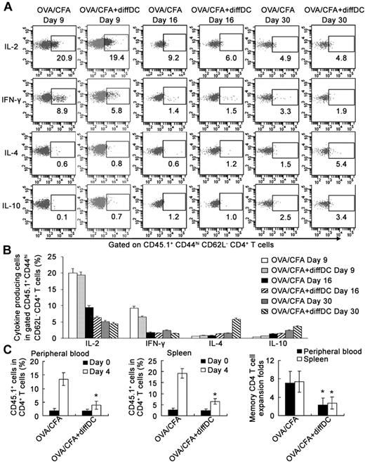 Figure 7. Detection of in vivo natural counterpart of Tm2 during recall response. (A-B) On days 9, 16, and 30 after immunization (as described in Figure 6), various cytokine-producing cells in CD44hi CD62L− CD45.1+ CD4+ OT-2 cells from splenocytes were analyzed by intracellular staining after ex vivo antigenic restimulation with OVA323-339. Numbers in the plots indicate the percentage of various cytokine-producing cells among gated CD44hi CD62L− CD45.1+ CD4+ OT-2 cells (A) and these are summarized in (B). Each group contained 3 mice. (C) On day 30 after immunization, mice with or without adoptive transfer of diffDCs were rechallenged with 2 × 106 OVA323-339-loading mature DCs via intravenous injection. The percentage of peripheral blood and splenic CD45.1+ CD4+ OT-2 memory T cells among total CD4+ T cells was assessed by flow cytometry in the mice before and 4 days after rechallenge. Memory CD4 T-cell expansion folds were defined as the ratio of the percentage of CD45.1+ CD4+ OT-2 memory T cells among total CD4+ T cells 4 days after and before rechallenge. Each group contained 5 mice. *P < .05, “OVA/CFA+diffDC” group compared with “OVA/CFA” group. Similar results were obtained in at least 3 independent experiments.