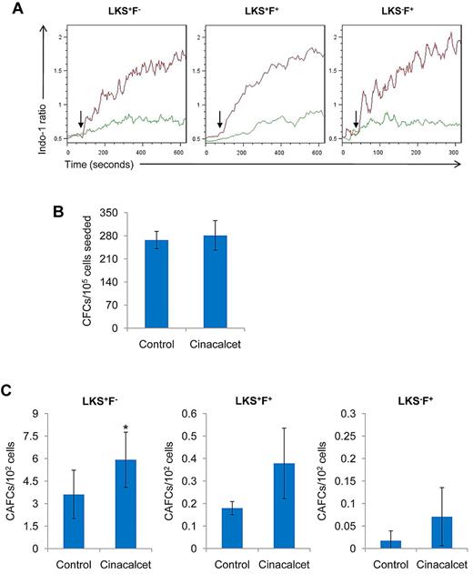 Figure 1. Effects of CaR stimulation on primitive hematopoietic cell activity in vitro. (A) LK cells were loaded with indo-1 dye (2 μg/mL) as a fluorescent probe to mark intracellular Ca2+ concentrations. CaCl2 (1.5mM) was added as an exogenous source of Ca2+ ions to induce a response. The response in LKS+F−, LKS+F+, and LKS−F+ subpopulations was then analyzed with FlowJo software. Arrow indicates the addition of CaCl2 stimulus. Green indicates control; red, Cinacalcet (n = 4 from 4 independent experiments). (B) BM MNCs treated with Cinacalcet or ethanol control were assessed for in vitro growth potential with the use of the culture colony-forming unit assay (n = 10 from 5 independent experiments). (C) LKS+F−, LKS+F+, and LKS−F+ cells were seeded on a confluent stromal layer of supportive OP9 cells in serial dilutions and cultured at 33°C and 5% CO2. Cobblestone areas were scored on week 5 (*P < .05; n = 9 for LKS+F−; n = 7 for LKS+F+; n = 3 for LKS−F+ from 5 independent experiments; error bars represent SEMs). CFC indicates colony-forming cell.