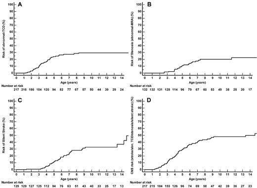 Figure 4. Cumulative risk. (A) Cumulative risk of abnormal TCD (TAMMX velocities ≥ 200 cm/s). (B) Cumulative risk of abnormal MRA (stenosis). Of the 22 SS/Sβ0-patients with abnormal MRA, 16 had a history of abnormal TCD, 2 had conditional TCD, and 4 had normal TCD (1 had an extracranial cerebral vasculopathy, 1 had inadequate window on one side and normal velocities on the other side, and for the last 2, anomalies might have been related to flow artifact because the repeat MRA was normal). (C) Cumulative risk of silent strokes. Among the 35 SS/Sβ0 patients with silent strokes, 28 had silent strokes on the first MRI, and secondary occurrence of silent strokes was only observed in 7 boys: 1 had a history of abnormal TCD but parents had refused long-term TP, 1 with abnormal TCD still had abnormal velocities despite TP, and 5 nonintensified patients developed silent strokes. (D) Cumulative cerebral vasculopathy risk (strokes, abnormal TCD, stenosis, or silent strokes).