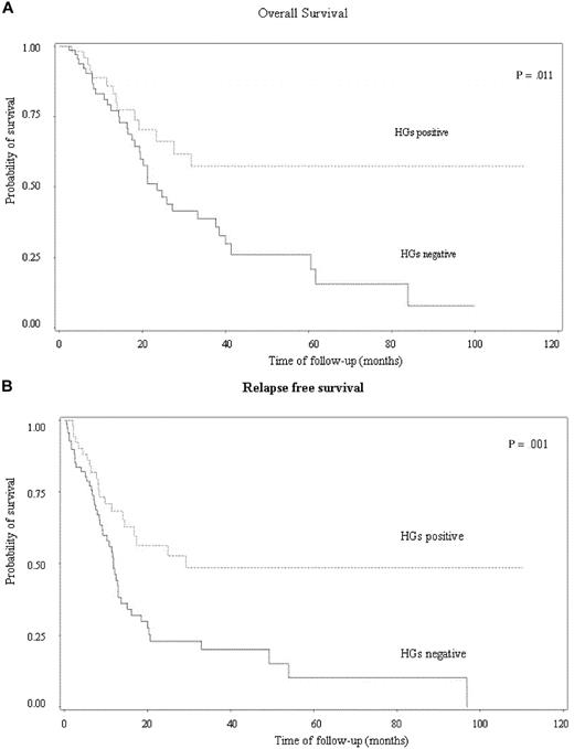 Figure 1. Kaplan-Meier survival curves. OS (A) and relapse-free survival (B) according to HG status.