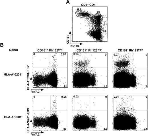 Figure 6. MAIT cells do not recognize viral peptide presented by classic MHC. (A) Representative Rh123-CD161 staining of CD3+CD4− PBLs. Percentages are boxed. (B) Representative Vα7.2 and HLA-A*0201-EBV tetramer staining of PBLs from HLA-A*0201+ or HLA-A*0201− healthy donors, gated according to Rh123-CD161 expression as in panel A. Representative of 4 HLA-A*0201+ donors studied in independent experiments.