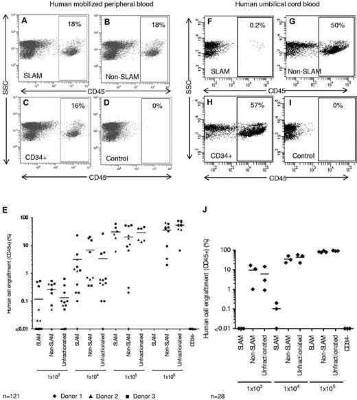 Figure 2. Summary of human cell engraftment based on CD45 cell surface expression in the BM of nonobese diabetic/severe combined immunodeficiency/interleukin-2 γc receptornull mice transplanted with SLAM (CD150+CD48−), non-SLAM (not CD150+CD48−), or unfractionated CD34+ cells. Representative flow cytometry analysis after transplantation of 1 × 105 SLAM (A), non-SLAM (B), or unfractionated human CD34+ cells (C) derived from G-CSF MPB. (D) Control mice were injected intravenously with an equal volume of saline. (E) Summary of human cell engraftment after transplantation of G-CSF MPB cells from 3 independent donors in NSG mice. Each symbol represents one mouse, and the horizontal lines indicate the mean levels of human cell engraftment (n = 121 mice). Representative flow cytometry experiment after transplantation of 1 × 104 SLAM (F), non-SLAM (G), or unfractionated human CD34+ cells (H) derived from 8 pooled cord blood samples. (I) Control animals were transplanted with an equal volume of saline. (J) Summary of human cell engraftment after transplantation of cord blood derived cells in NSG mice (n = 28 mice).