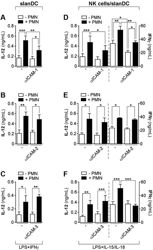 Figure 4. ICAM-1 and ICAM-3 regulate the neutrophil-dependent potentiation of IL-12p70 and IFNγ release by slanDCs and NK cells, respectively. slanDCs were cultured alone or with neutrophils and then stimulated with LPS + IFNγ in the absence (A-C) or presence of αICAM-1 (A), αICAM-2 (B), and αICAM-3 (C) mAbs for 18 hours. Extracellular IL-12p70 was then measured in culture supernatants (n = 4). NK cell/slanDC cocultures were incubated either alone or with neutrophils and then treated with LPS + IL-15/IL-18 in the absence (D-F) or presence of αICAM-1 (D; n = 5), αICAM-2 (E; n = 3), and αICAM-3 (F; n = 9) mAbs. After 18 hours, both IFNγ and IL-12p70 were measured in culture supernatants using ELISA. (A-F) ***P < .001, **P < .01, and *P < .05 by 1-way ANOVA of paired samples.